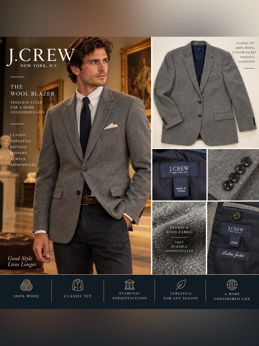 J.Crew Gray Wool Blazer - Men's Classic Sport Coat